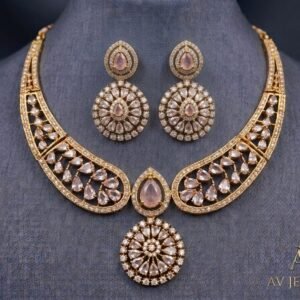 ​"Royal Baby Pink & American Diamond Gold-Plated Collar Necklace Set with Matching Earrings"